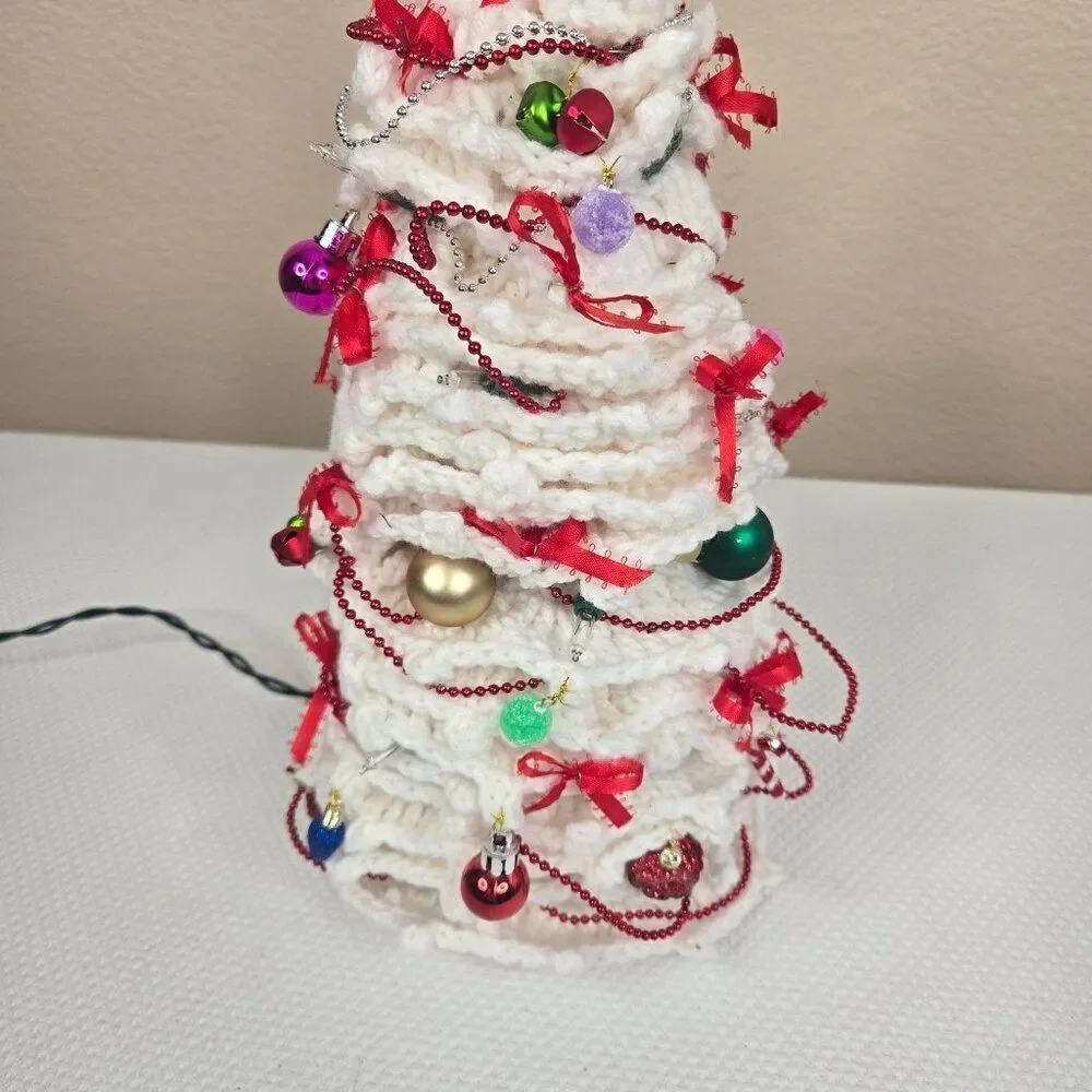 Vintage 80s Crochet Handmade White Christmas Tree Red Ribbons Ornaments Lights U